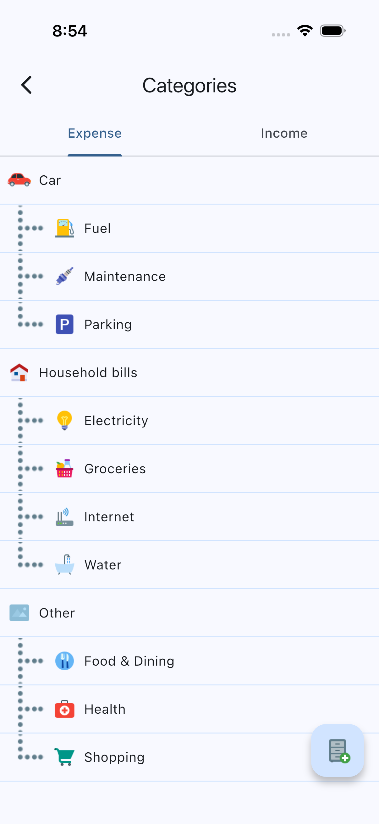 AZ Money Manager category list with expense and income tabs