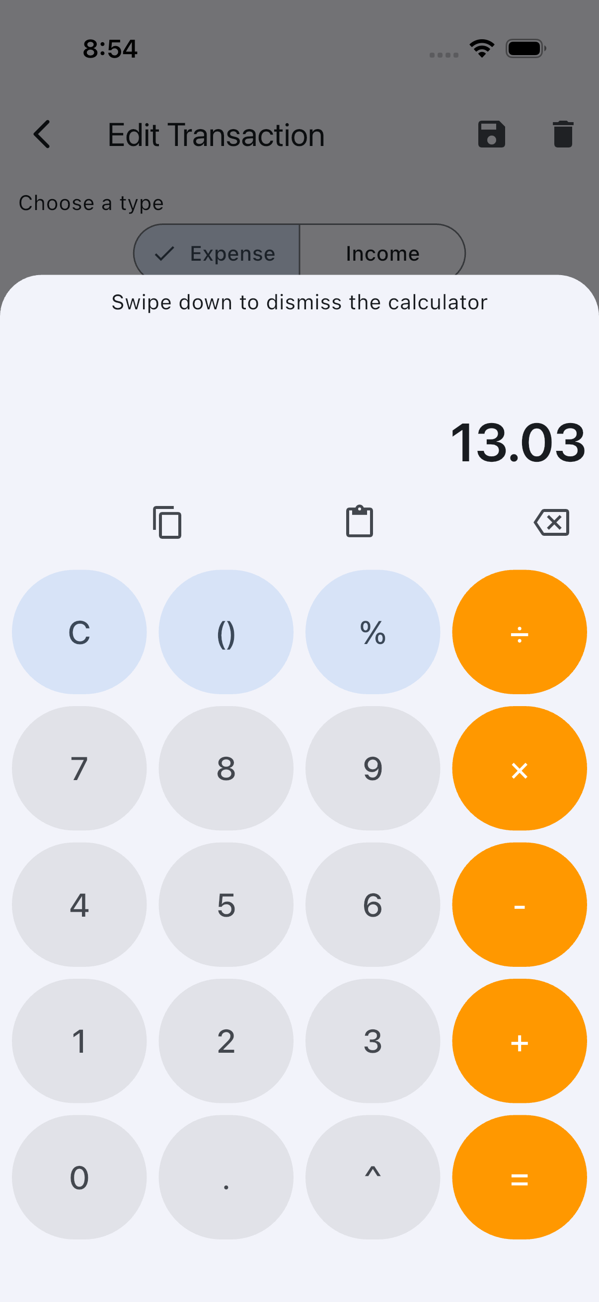 AZ Money Manager calculator for entering a transaction amount