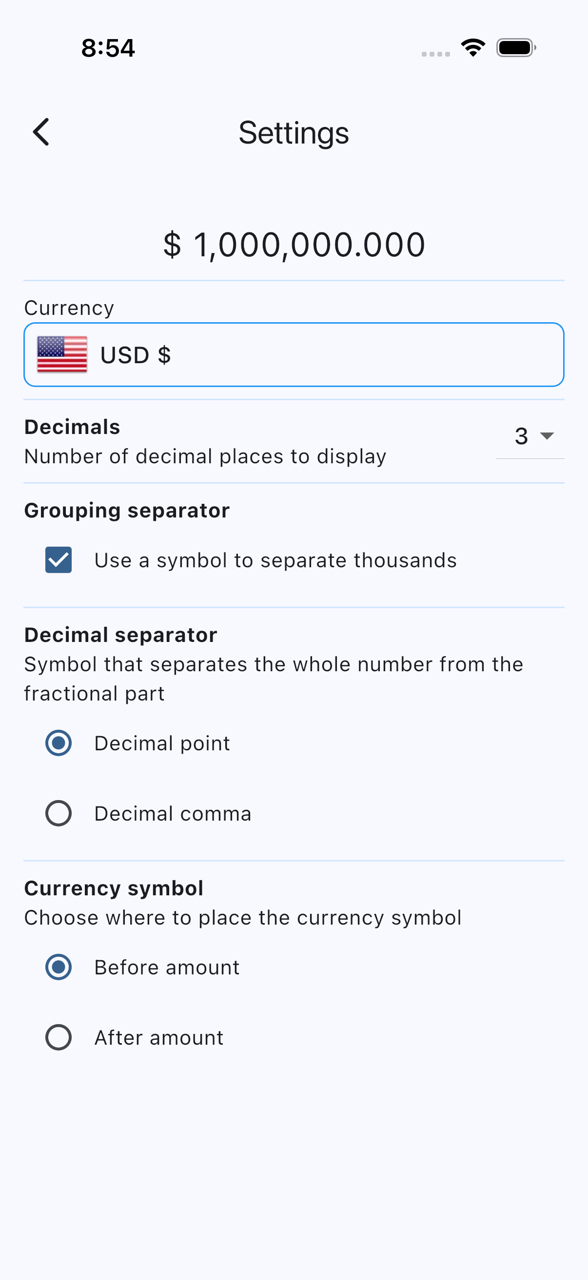 AZ Money Manager settings for currency and number formatting