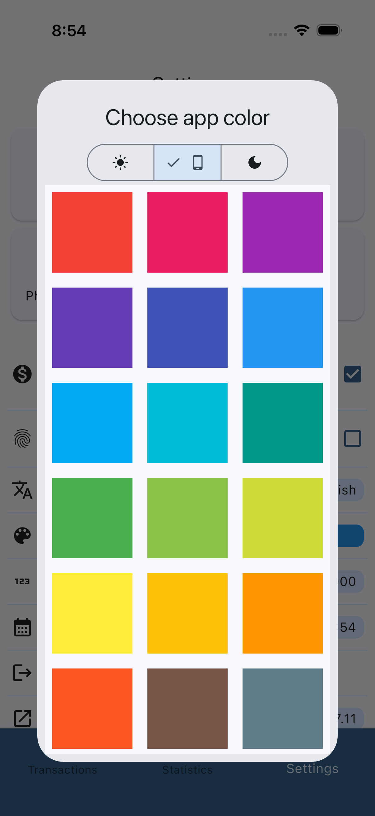 AZ Money Manager app color chooser with light, system, and dark options